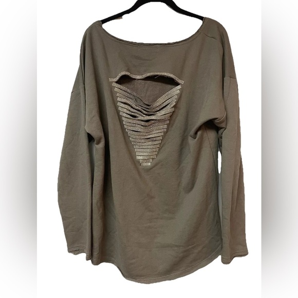 NWT Boutique Open Back Crystal Embellished Sweatshirt Sweater Olive Brown Size L - Picture 10 of 10